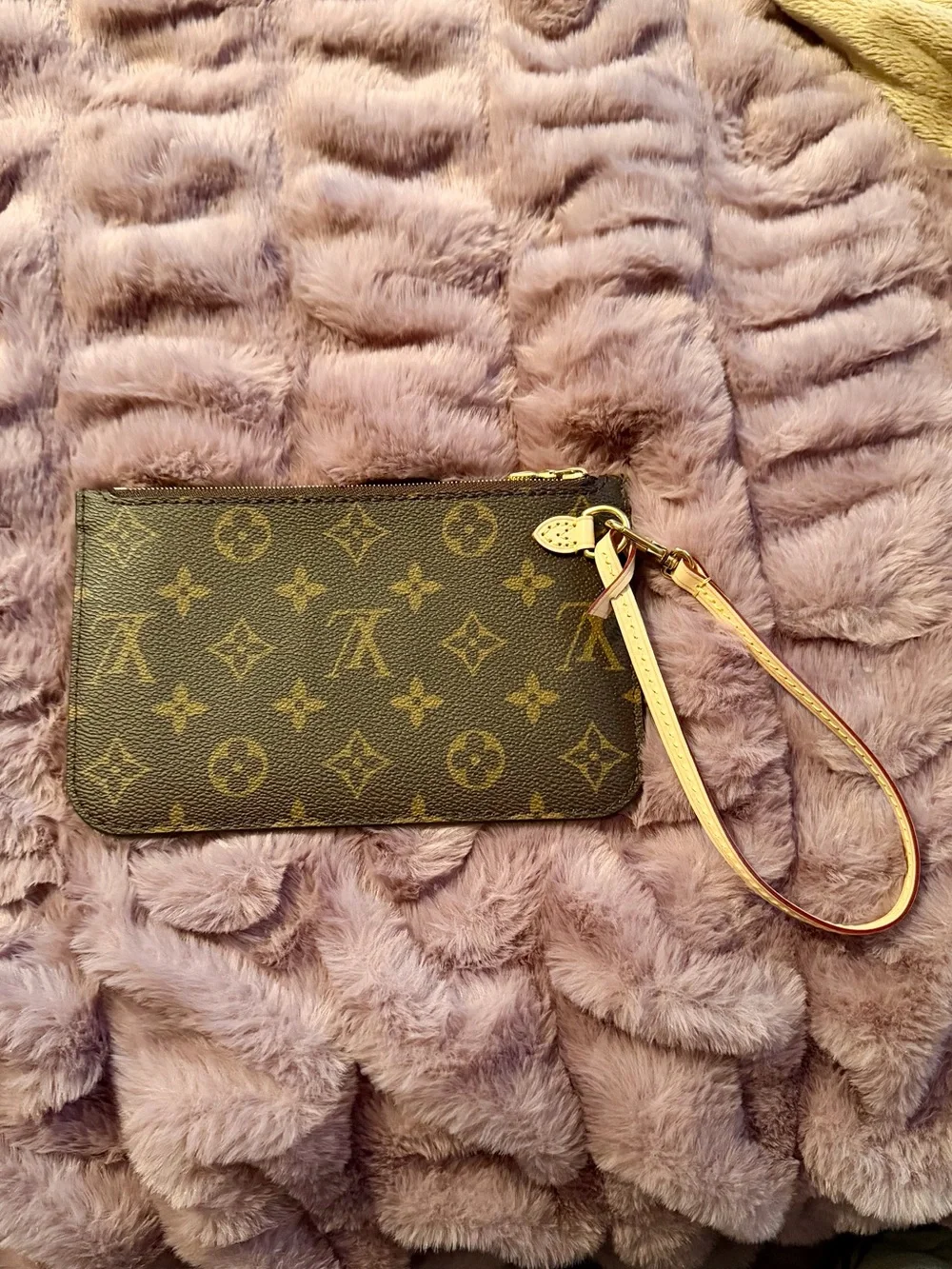 Louis Vuitton Brown Monogram Wristlet with Tan Strap